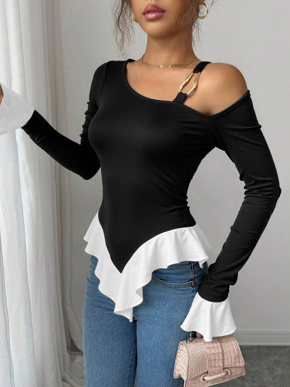 ZARA Black 1Shoulder MetalRing Cami HighLow WhiteRuffle Colorblock Spring Summer